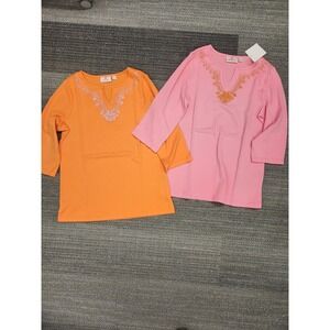 Quacker Factory Set 2 Floral Filagree 3/4 Sleeve Tops-Pink/Sunset Small A685027